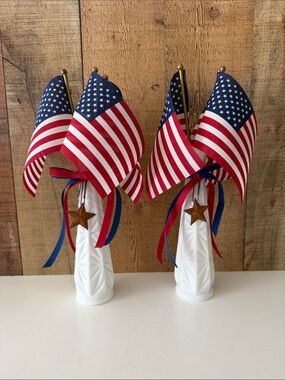 Americana Patriotic Milk Glass Bud Vases with Flags and a Rusty Star & Ribbons